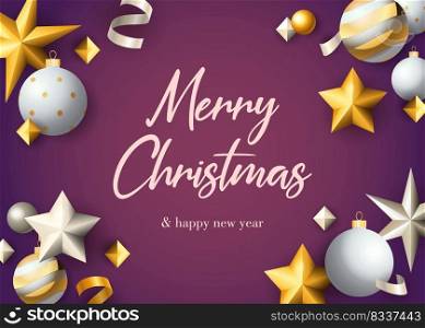 Merry Christmas greeting card design with baubles, gold stars and streamer on purple background. Vector illustration for New Year posters, invitation and postcard templates