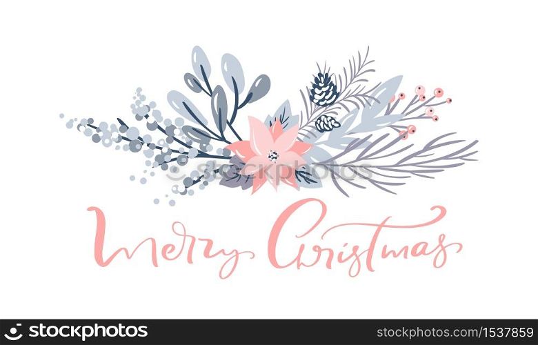 Merry Christmas greeting card design with floral wreath decoration and hand written calligraphic text. Modern winter season postcard, brochure, wall art design.. Merry Christmas greeting card design with floral wreath decoration and hand written calligraphic text. Modern winter season postcard, brochure, wall art design