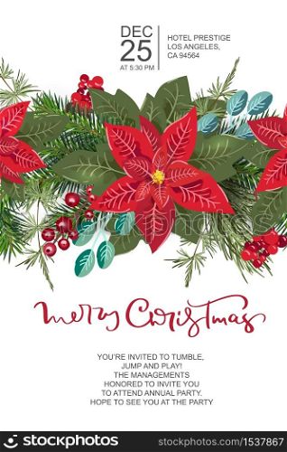 Merry Christmas greeting card design with floral wreath decoration and hand written calligraphic text. Modern winter season postcard, brochure, wall art design.. Merry Christmas greeting card design with floral wreath decoration and hand written calligraphic text. Modern winter season postcard, brochure, wall art design