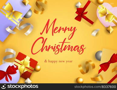 Merry Christmas greeting card design with gifts, gold and silver streamer on yellow background. Vector illustration for New Year posters, invitation and postcard templates