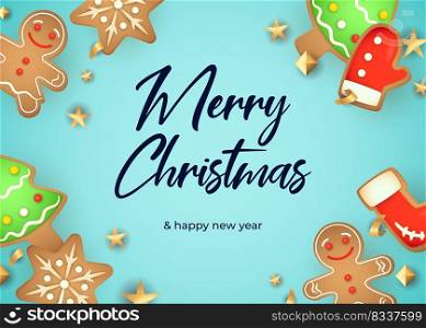 Merry Christmas greeting card design with ginger bread man, snowflakes and trees on pale blue background. Vector illustration for New Year posters, party invitation and postcard templates