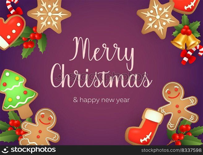 Merry Christmas greeting card design with gingerbread man, snowflakes and trees on purple background. Vector illustration for New Year posters, party invitation and postcard templates