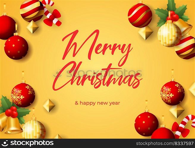 Merry Christmas greeting card design with hanging balls, bells, candy ca≠s on yellow background. Vector illustration for New Year posters, invitation and postcard templates