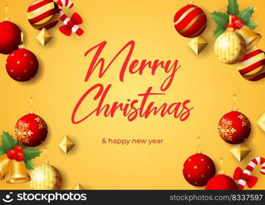 Merry Christmas greeting card design with hanging balls, bells, candy ca≠s on yellow background. Vector illustration for New Year posters, invitation and postcard templates