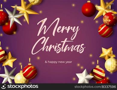 Merry Christmas greeting card design with silver stars, red balls and sparkles on purple background. Vector illustration for New Year posters, invitation and postcard templates