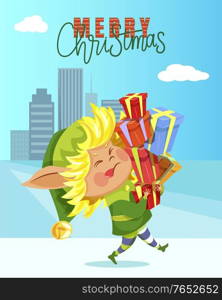 Merry Christmas greeting card elf fairy hero carrying presents. Wish on winter holiday, helper going with gift box near skyscrapers. New Year postcard and funny gnome with greeting symbol vector. Xmas Wish and Elf Character with Presents Vector