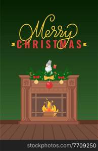 Merry Christmas greeting card, expensive fireplace with pilasters, vector. Heater with burning fire, brown mantelpiece decorated by spruces and snowman. Merry Christmas Greeting Card, Expensive Fireplace