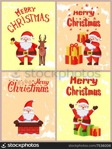 Merry Christmas greeting card Father Frost ready to give surprises in packages wrapped in paper. Santa Claus puts packed presents gift boxes on pile. Merry Christmas Greeting Cards with Santa Claus
