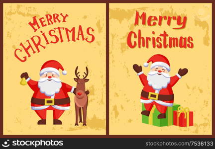 Merry Christmas greeting card Father Frost ready to give surprises in packages wrapped in paper. Santa Claus and reindeer animal walking together, vector. Merry Christmas Greeting Card Set with Santa Claus