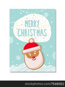 Merry Christmas greeting card, gingerbread Santa Claus head on background of white snowflakes and garlands. Postcard with New Year sweet character. Merry Christmas Greeting Card, Gingerbread Santa