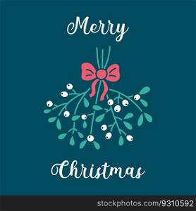 Merry Christmas greeting card. Mistletoe twigs with bow and text. Vector illustration of creative mistletoe leaves and white berries on dark background.. Merry Christmas greeting card. Mistletoe twigs with bow and text. Vector illustration of creative mistletoe leaves and white berries on dark background
