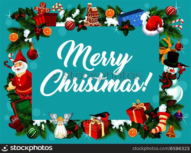 Merry Christmas greeting card of decorations and ornaments wreath frame. Vector gnome dwarf and snowman with Santa gifts at Xmas tree, gingerbread man and golden bell for Christmas happy holidays. Merry christmas decoration wreath vector card