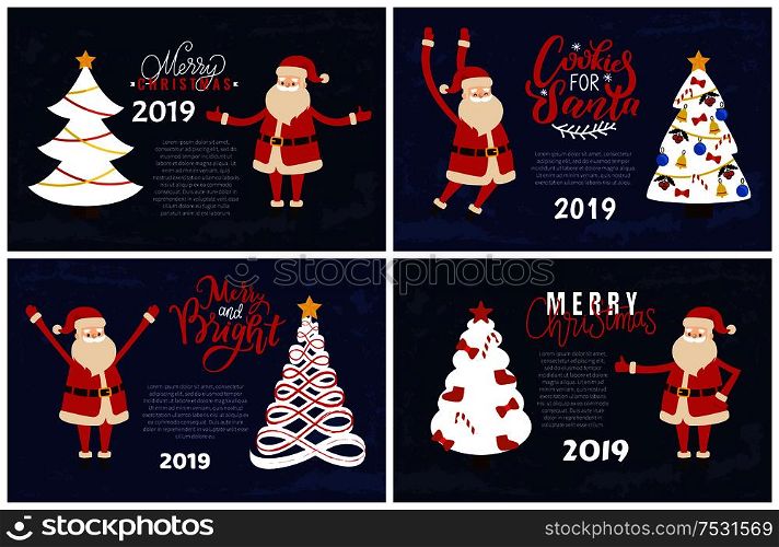 Merry Christmas greeting card on 2019 New Year holiday. Cookies for Santa, bright vector postcards set decorated Xmas tree and cartoon Father Frost. Merry Christmas Card Santa 2019 New Year Holiday