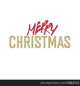 Merry Christmas Greeting Card on White Background. Glittering golden surface