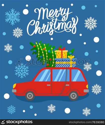 Merry christmas greeting card, red retro car loaded with presents and pine tree. Decorated spruce with garlands and gifts in boxes. Automobile in snowy weather, winter holidays preparation vector. Merry Christmas Car with Presents and Pine Tree