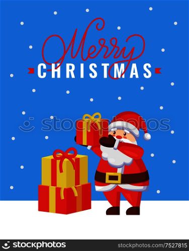 Merry Christmas greeting card Santa Claus gets packed presents gift boxes on pile. Father frost ready to give surprises in packages wrapped in paper. Merry Christmas greeting card with Santa Claus