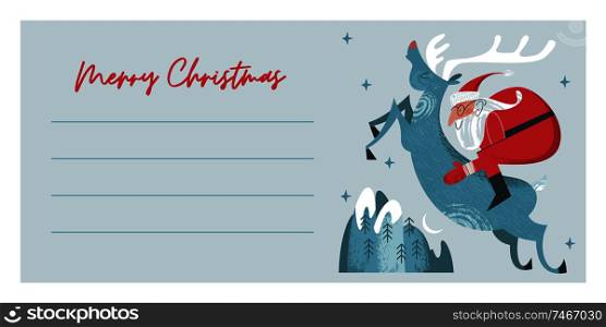 Merry Christmas. Greeting card. Santa riding a deer flies in the sky over the mountains. Vector hand drawn textured unique illustration. There is space for text.. Festive Christmas and new year greeting card. merry Christmas.