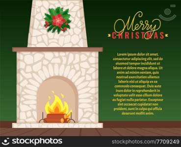 Merry Christmas greeting card stone fireplace. Burning firewoods, granite bonfire hearth vector. Flame and logs, New Year decoration wreath with mistletoe. Merry Christmas Greeting Card with Stone Fireplace