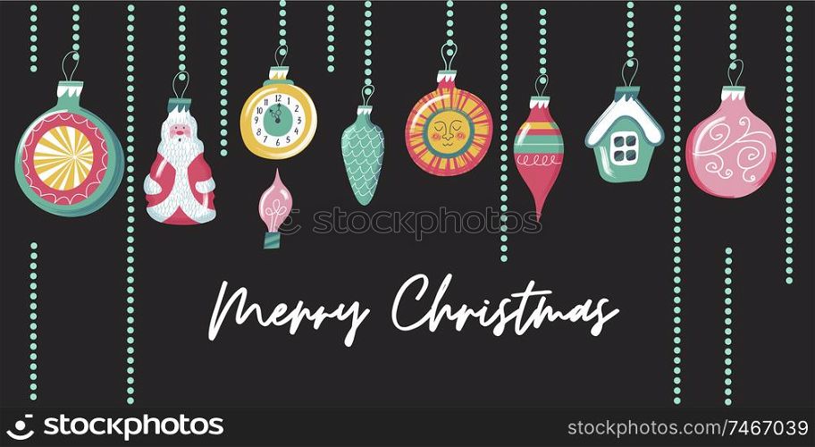 Merry Christmas!. Greeting card. Stylized Christmas decorations on black background. Vector hand drawn textured unique illustration.. Festive Christmas and new year greeting card. merry Christmas.
