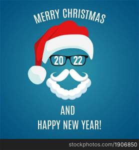 Merry Christmas greeting card template. Santa Claus . Hipster style. For print on t shirt, tee, card, invitation, template. Vector illustration in flat style. Merry Christmas greeting card template.