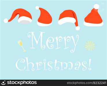 Merry christmas greeting card vector template colorful illustration cartoon flat champagne cheers new year celebration red santa claus hat headwear