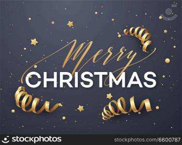 Merry Christmas greeting card vector template. Merry Christmas lettering with golden streamer, glitter and stars on dark blue background. Xmas decoration elements. Holiday banner, poster design. Vika_Template