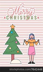 Merry Christmas, greeting card vector. Woman preparing home for xmas. Lady decorating pine tree with baubles and garlands, holding decorative element in hands. Stripped background flat style. Merry Christmas Woman Decorating Xmas Pine Tree