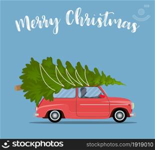 Merry christmas greeting card. vintage red car with xmas pine tree gift on roof. Vector illustration in flat style. Merry christmas greeting card