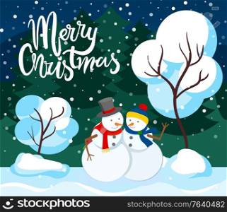 Merry christmas greeting card, winter character in park in snowfall. Snowman male and female figures made of snow. Personage wearing warm clothes in pine tree forest. Woods with snowy peaks vector. Merry Christmas Sculptures of Snow Snowman in Park