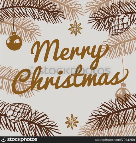 Merry christmas greeting card. Winter holiday vector background with hand drawn fir tree. Christmas tree card, holiday greeting lettering illustration. Merry christmas greeting card. Winter holiday vector background with hand drawn fir tree