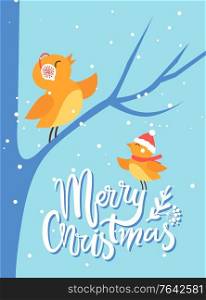Merry christmas greeting card with birds chirping. Bullfinch sitting on bare tree branch. Birdies wearing earmuffs and Santa Claus hat. Celebration of winter holidays in forest by animals vector. Merry Christmas Bullfinch Birds Sits on Branch