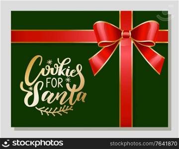 Merry Christmas greeting card with calligraphic inscription and modern font. Ribbon bow in form of flower with stripes. Present for xmas and winter holidays celebration. Certificate with tape vector. Merry Christmas Greeting Card for Winter Holiday