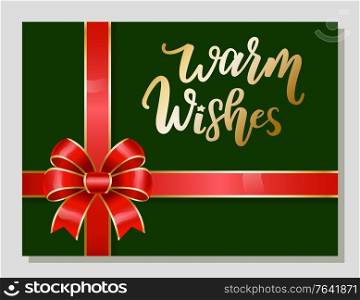 Merry Christmas greeting card with calligraphic inscription and modern font. Ribbon bow in form of flower with stripes. Present for xmas and winter holidays celebration. Certificate with tape vector. Merry Christmas Greeting Card for Winter Holiday