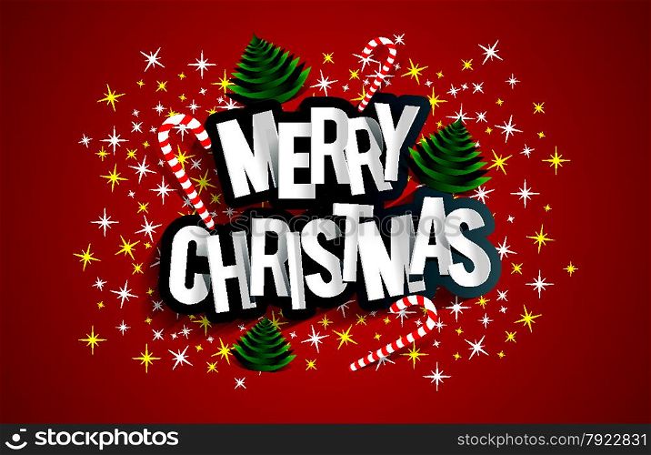 Merry Christmas Greeting Card With Candy Canes, Christmas Trees And Stars vector illustration