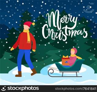 Merry Christmas greeting card with characters. Daddy and child in sleds walking in winter park in snowfall. Father with kiddo holding present in hands, calligraphic inscription flat style vector. Merry Christmas Dad with Kid on Sleds with Present