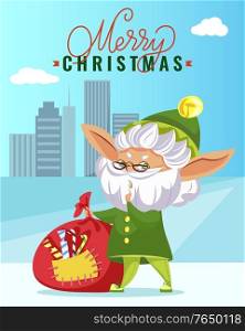 Merry Christmas greeting card with elf cartoon character holding bag with candies. Winter holiday postcard gnome fairy hero standing near skyscrapers. Modern Xmas wishes with helper in city vector. Christmas Greeting Postcard Elf in City Vector