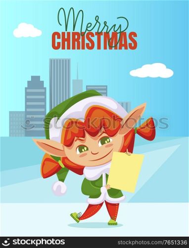 Merry Christmas greeting card with elf cartoon character holding letter. Winter holiday postcard gnome fairy hero with paper and cityscape view. Xmas helper near high buildings and ice land vector. Elf Character Holding Letter Merry Xmas Vector