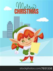 Merry Christmas greeting card with elf cartoon character holding letter. Winter holiday postcard gnome fairy hero with paper and cityscape view. Xmas helper near high buildings and ice land vector. Elf Character Holding Letter Merry Xmas Vector