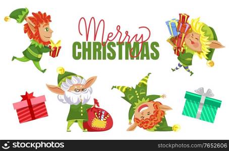 Merry Christmas greeting card with elves characters and presents. Calligraphic inscription and personages carrying gifts decorated by wrapping paper and stripes. Dwarf set, vector in flat style. Merry Christmas Elves with Presents for Holidays
