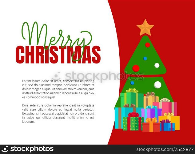 Merry Christmas greeting card with fir tree. Vector invitation leaflets with spruce decorated by balls and topped by star, piles of presents in boxes. Merry Christmas Greeting Card with Fir Tree Vector
