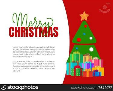 Merry Christmas greeting card with fir tree. Vector invitation leaflets with spruce decorated by balls and topped by star, piles of presents in boxes. Merry Christmas Greeting Card with Fir Tree Vector