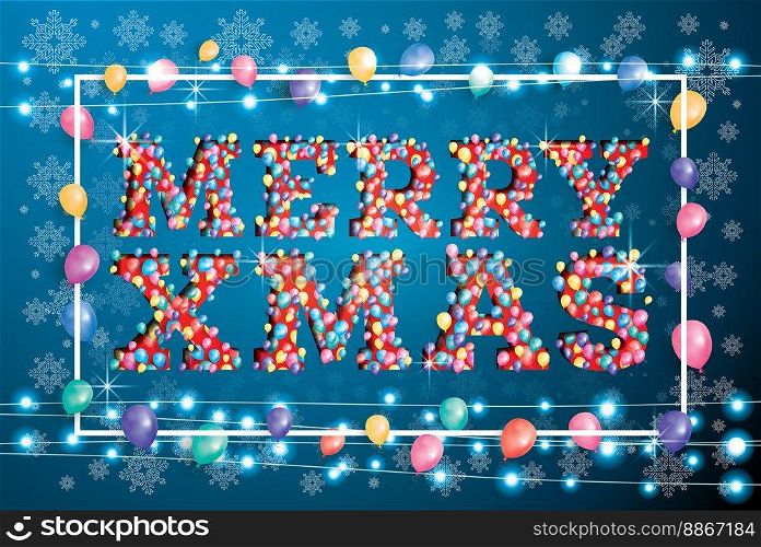 Merry Christmas Greeting Card with Flying Balloons, White Frame and Neon Garland. Vector Illustration.