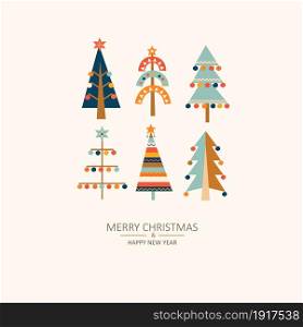 Merry Christmas greeting card with hand drawn christmas trees with toys in Scandinavian style. Xmas isolated cozy decor elements. Template for invitation,wishing,design.Vector illustration.. Merry Christmas greeting card, christmas trees.