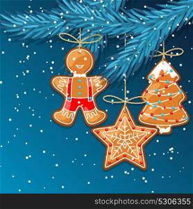 Merry Christmas greeting card with hanging gingerbread. Merry Christmas greeting card with hanging gingerbread.