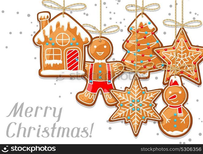 Merry Christmas greeting card with hanging gingerbread. Merry Christmas greeting card with hanging gingerbread.