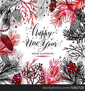 Merry Christmas greeting card with new years tree and calligraphic sigh Merry Christmas. Vector holiday illustration.. Merry Christmas greeting card with new years tree and calligraphic sigh Merry Christmas.