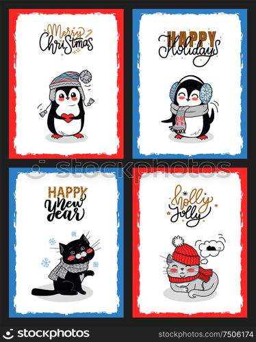 Merry Christmas greeting card with penguin in Santas hat. Holly Jolly cat in warm winter cloth dreaming about mouse. Vector New Year clipart illustrations. Winter Animals in Warm Cloth, Christmas Cards