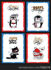 Merry Christmas greeting card with penguin in Santas hat. Holly Jolly cat in warm winter cloth dreaming about mouse. Vector New Year clipart illustrations. Winter Animals in Warm Cloth, Christmas Cards
