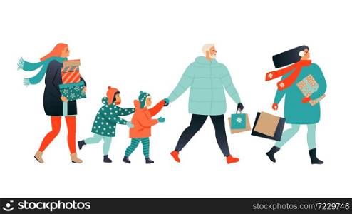Merry Christmas greeting card with people walking and carrying present boxes. Xmas winter poster collection. Merry Christmas greeting card with people walking and carrying present boxes. Xmas winter poster collection.