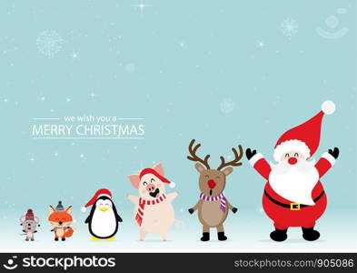 Merry Christmas greeting card with Rats, foxes, penguins, pigs, reindeer, Santa Claus. Cute animal holiday cartoon character vector. Vector concept illustration for design.